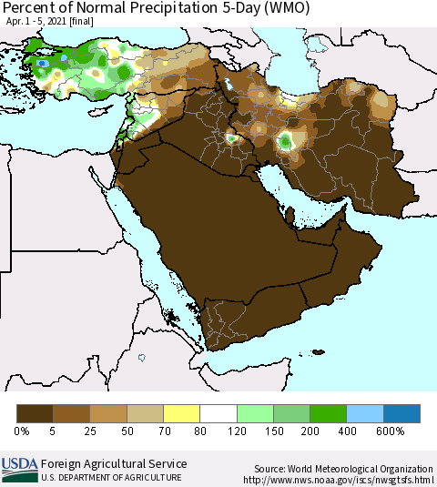 Middle East and Turkey Percent of Normal Precipitation 5-Day (WMO) Thematic Map For 4/1/2021 - 4/5/2021