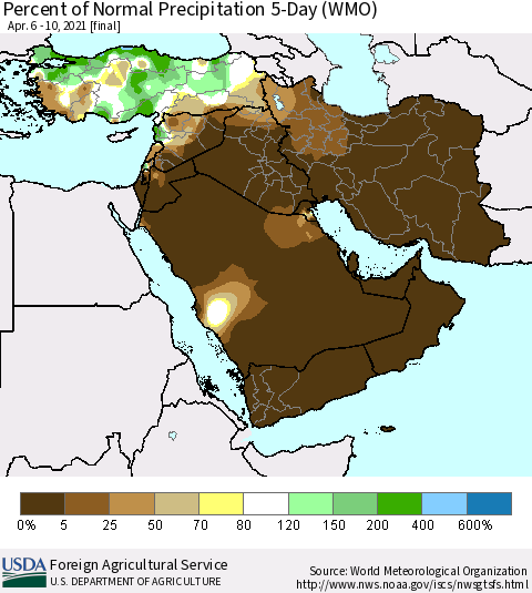 Middle East and Turkey Percent of Normal Precipitation 5-Day (WMO) Thematic Map For 4/6/2021 - 4/10/2021