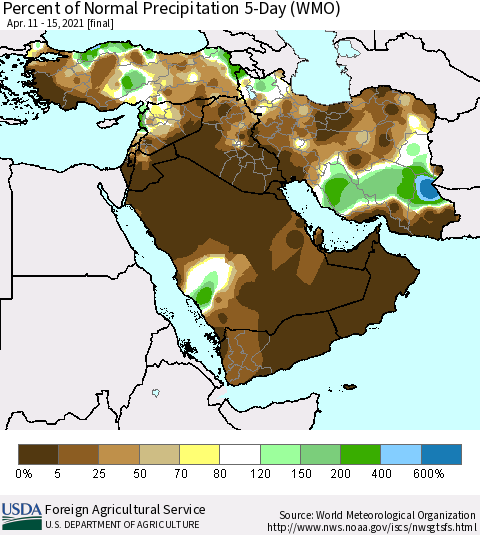 Middle East and Turkey Percent of Normal Precipitation 5-Day (WMO) Thematic Map For 4/11/2021 - 4/15/2021