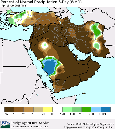 Middle East and Turkey Percent of Normal Precipitation 5-Day (WMO) Thematic Map For 4/16/2021 - 4/20/2021