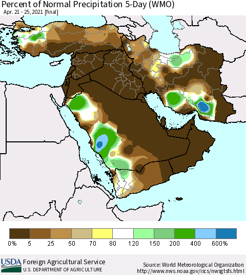 Middle East and Turkey Percent of Normal Precipitation 5-Day (WMO) Thematic Map For 4/21/2021 - 4/25/2021