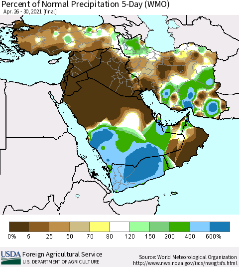 Middle East and Turkey Percent of Normal Precipitation 5-Day (WMO) Thematic Map For 4/26/2021 - 4/30/2021