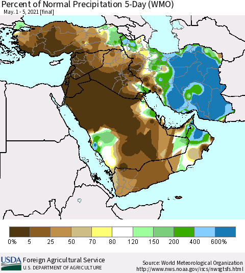 Middle East and Turkey Percent of Normal Precipitation 5-Day (WMO) Thematic Map For 5/1/2021 - 5/5/2021