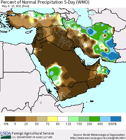 Middle East and Turkey Percent of Normal Precipitation 5-Day (WMO) Thematic Map For 5/6/2021 - 5/10/2021