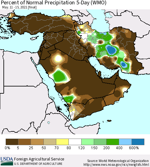 Middle East and Turkey Percent of Normal Precipitation 5-Day (WMO) Thematic Map For 5/11/2021 - 5/15/2021