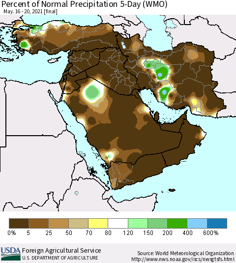 Middle East and Turkey Percent of Normal Precipitation 5-Day (WMO) Thematic Map For 5/16/2021 - 5/20/2021