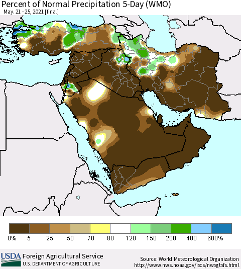 Middle East and Turkey Percent of Normal Precipitation 5-Day (WMO) Thematic Map For 5/21/2021 - 5/25/2021