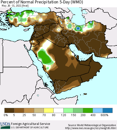 Middle East and Turkey Percent of Normal Precipitation 5-Day (WMO) Thematic Map For 5/26/2021 - 5/31/2021