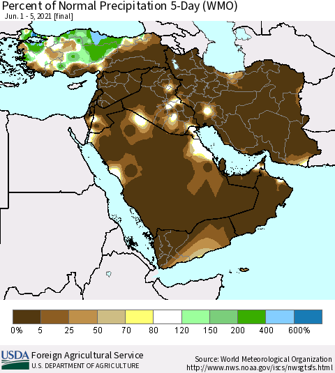 Middle East and Turkey Percent of Normal Precipitation 5-Day (WMO) Thematic Map For 6/1/2021 - 6/5/2021
