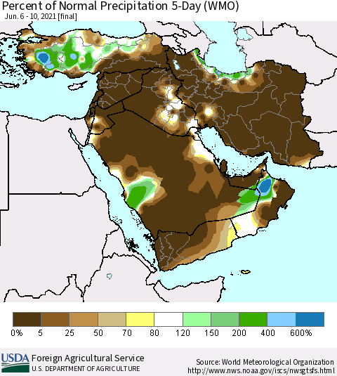 Middle East and Turkey Percent of Normal Precipitation 5-Day (WMO) Thematic Map For 6/6/2021 - 6/10/2021