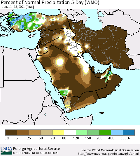 Middle East and Turkey Percent of Normal Precipitation 5-Day (WMO) Thematic Map For 6/11/2021 - 6/15/2021
