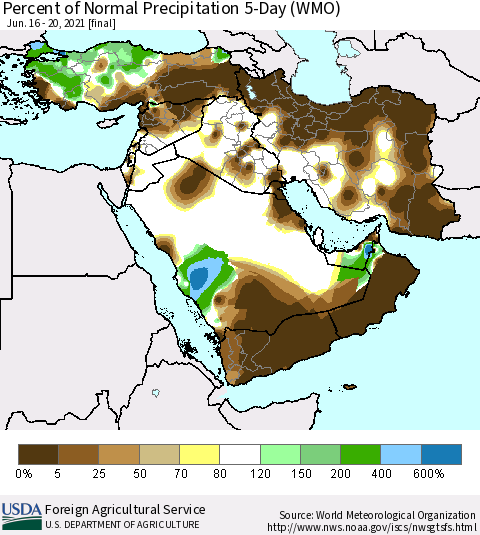 Middle East and Turkey Percent of Normal Precipitation 5-Day (WMO) Thematic Map For 6/16/2021 - 6/20/2021