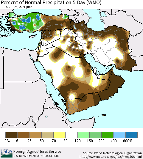 Middle East and Turkey Percent of Normal Precipitation 5-Day (WMO) Thematic Map For 6/21/2021 - 6/25/2021