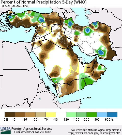 Middle East and Turkey Percent of Normal Precipitation 5-Day (WMO) Thematic Map For 6/26/2021 - 6/30/2021