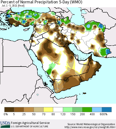 Middle East and Turkey Percent of Normal Precipitation 5-Day (WMO) Thematic Map For 7/1/2021 - 7/5/2021