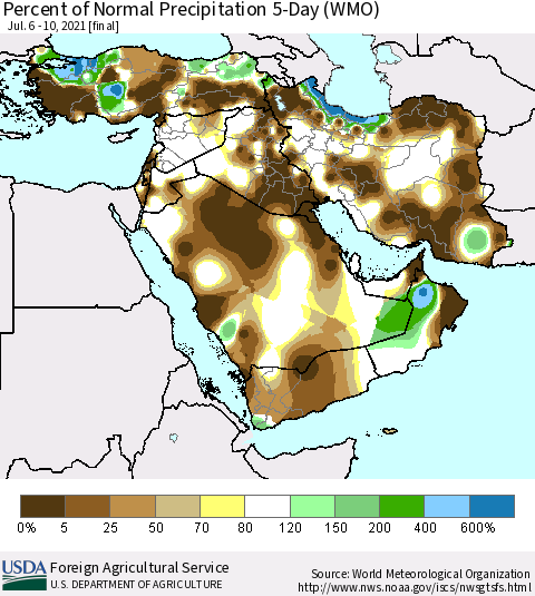 Middle East and Turkey Percent of Normal Precipitation 5-Day (WMO) Thematic Map For 7/6/2021 - 7/10/2021