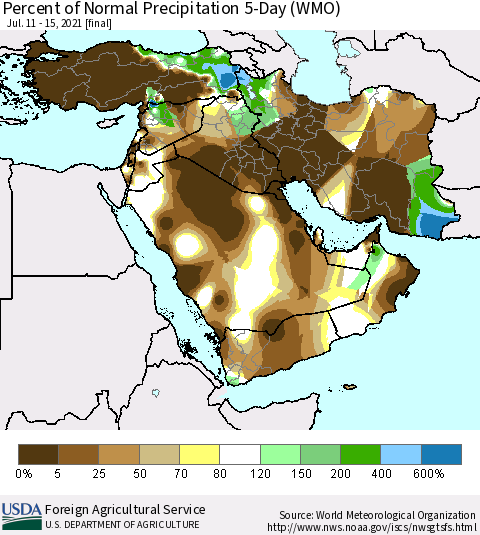 Middle East and Turkey Percent of Normal Precipitation 5-Day (WMO) Thematic Map For 7/11/2021 - 7/15/2021