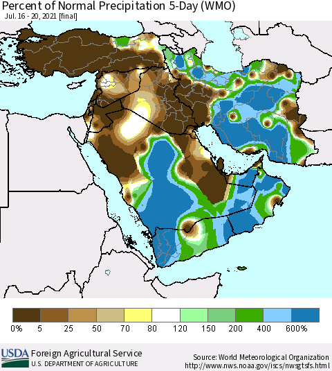 Middle East and Turkey Percent of Normal Precipitation 5-Day (WMO) Thematic Map For 7/16/2021 - 7/20/2021