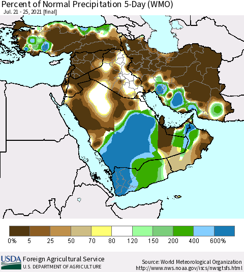 Middle East and Turkey Percent of Normal Precipitation 5-Day (WMO) Thematic Map For 7/21/2021 - 7/25/2021