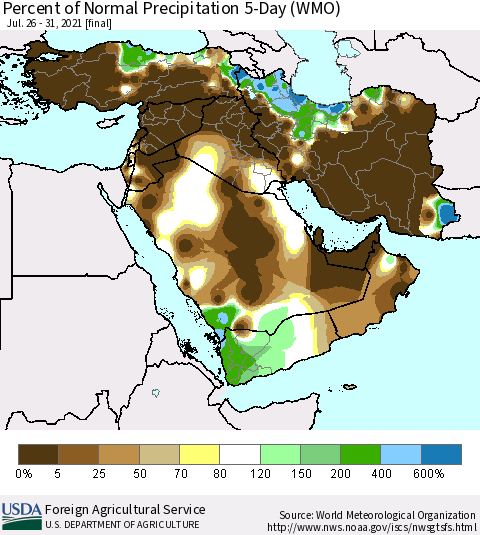 Middle East and Turkey Percent of Normal Precipitation 5-Day (WMO) Thematic Map For 7/26/2021 - 7/31/2021