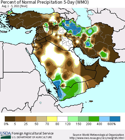 Middle East and Turkey Percent of Normal Precipitation 5-Day (WMO) Thematic Map For 8/1/2021 - 8/5/2021