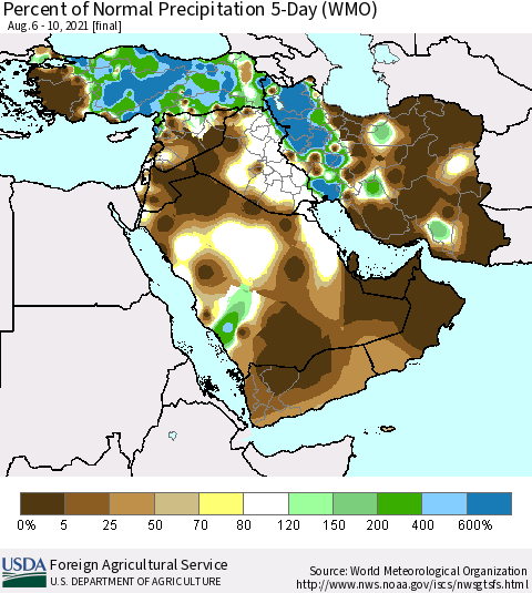 Middle East and Turkey Percent of Normal Precipitation 5-Day (WMO) Thematic Map For 8/6/2021 - 8/10/2021