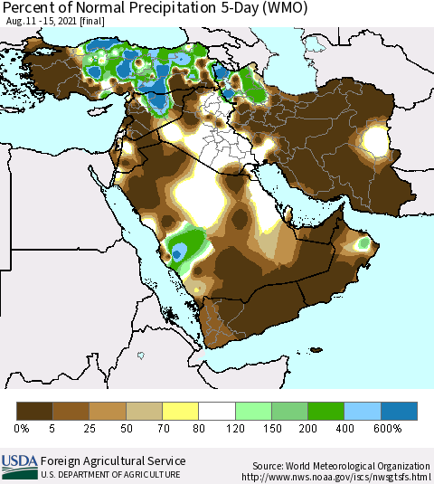 Middle East and Turkey Percent of Normal Precipitation 5-Day (WMO) Thematic Map For 8/11/2021 - 8/15/2021