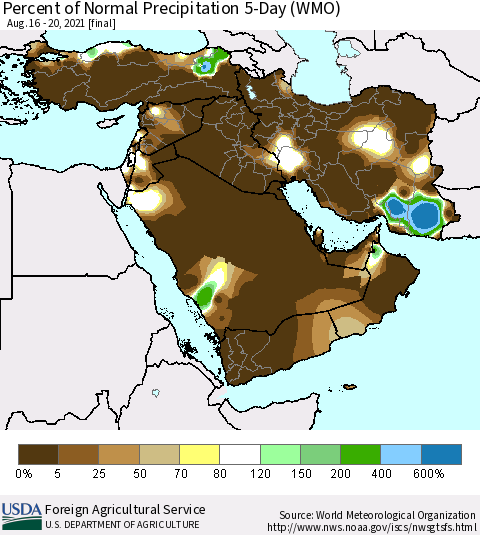Middle East and Turkey Percent of Normal Precipitation 5-Day (WMO) Thematic Map For 8/16/2021 - 8/20/2021