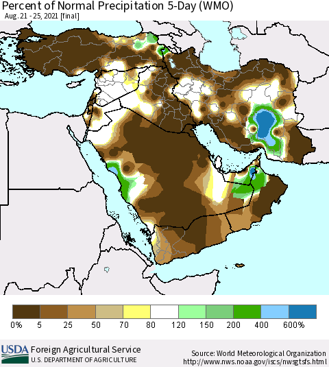 Middle East and Turkey Percent of Normal Precipitation 5-Day (WMO) Thematic Map For 8/21/2021 - 8/25/2021