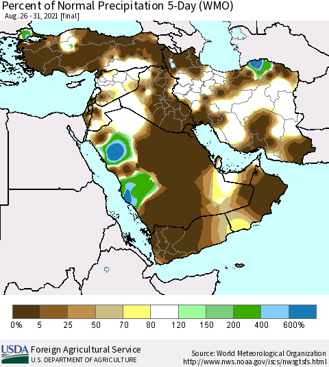Middle East and Turkey Percent of Normal Precipitation 5-Day (WMO) Thematic Map For 8/26/2021 - 8/31/2021