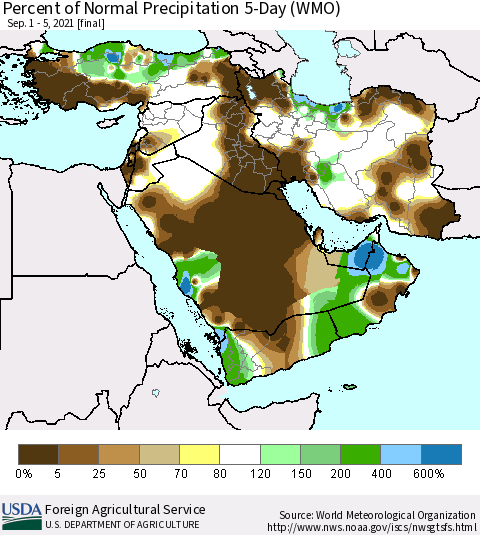 Middle East and Turkey Percent of Normal Precipitation 5-Day (WMO) Thematic Map For 9/1/2021 - 9/5/2021