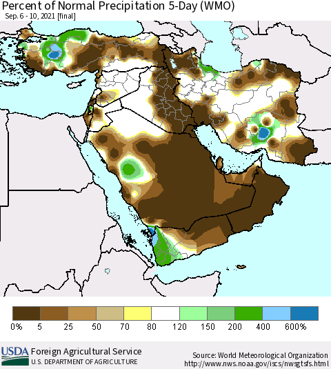 Middle East and Turkey Percent of Normal Precipitation 5-Day (WMO) Thematic Map For 9/6/2021 - 9/10/2021