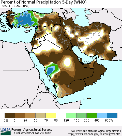 Middle East and Turkey Percent of Normal Precipitation 5-Day (WMO) Thematic Map For 9/11/2021 - 9/15/2021