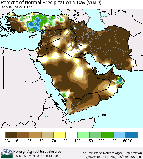 Middle East and Turkey Percent of Normal Precipitation 5-Day (WMO) Thematic Map For 9/16/2021 - 9/20/2021