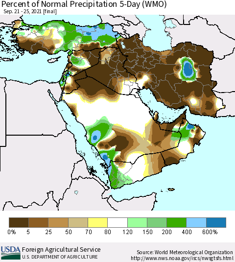 Middle East and Turkey Percent of Normal Precipitation 5-Day (WMO) Thematic Map For 9/21/2021 - 9/25/2021