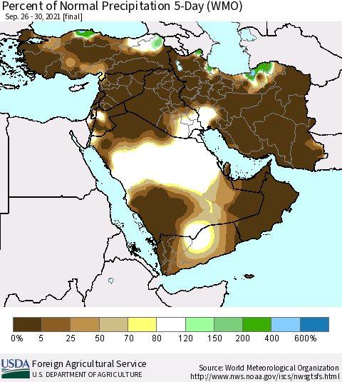 Middle East and Turkey Percent of Normal Precipitation 5-Day (WMO) Thematic Map For 9/26/2021 - 9/30/2021
