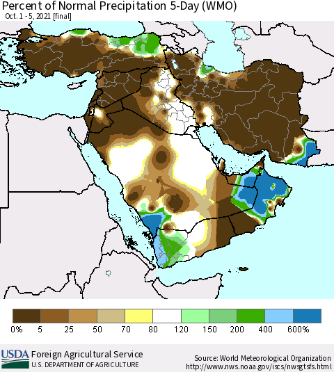 Middle East and Turkey Percent of Normal Precipitation 5-Day (WMO) Thematic Map For 10/1/2021 - 10/5/2021