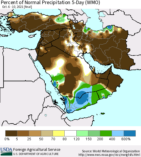 Middle East and Turkey Percent of Normal Precipitation 5-Day (WMO) Thematic Map For 10/6/2021 - 10/10/2021