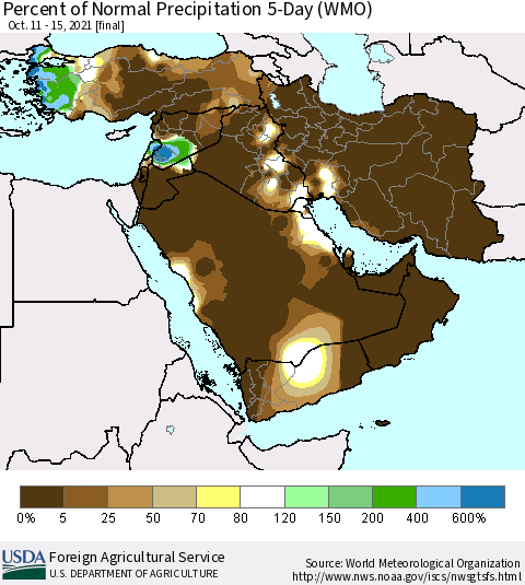 Middle East and Turkey Percent of Normal Precipitation 5-Day (WMO) Thematic Map For 10/11/2021 - 10/15/2021