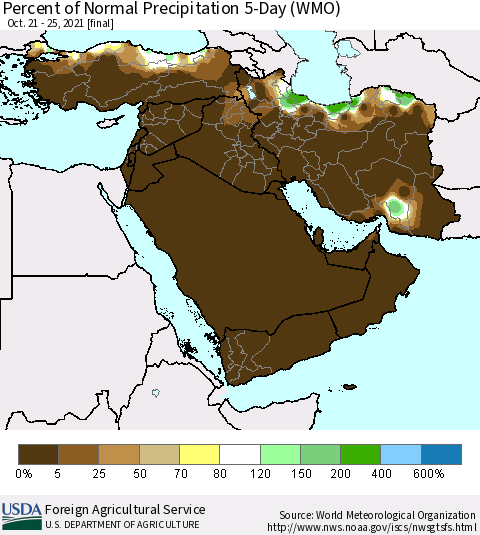 Middle East and Turkey Percent of Normal Precipitation 5-Day (WMO) Thematic Map For 10/21/2021 - 10/25/2021