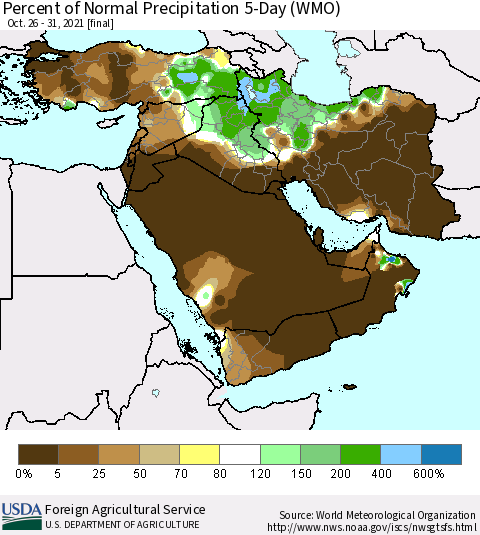 Middle East and Turkey Percent of Normal Precipitation 5-Day (WMO) Thematic Map For 10/26/2021 - 10/31/2021