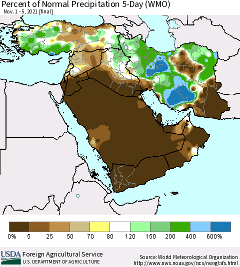 Middle East and Turkey Percent of Normal Precipitation 5-Day (WMO) Thematic Map For 11/1/2021 - 11/5/2021