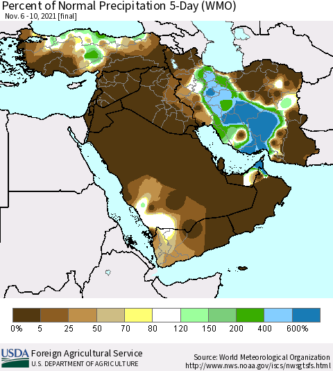 Middle East and Turkey Percent of Normal Precipitation 5-Day (WMO) Thematic Map For 11/6/2021 - 11/10/2021