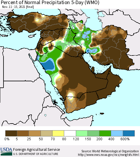 Middle East and Turkey Percent of Normal Precipitation 5-Day (WMO) Thematic Map For 11/11/2021 - 11/15/2021