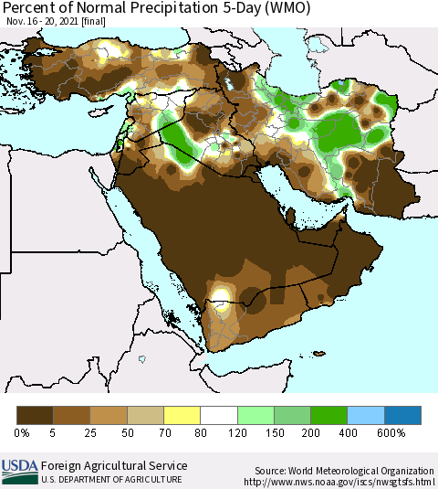 Middle East and Turkey Percent of Normal Precipitation 5-Day (WMO) Thematic Map For 11/16/2021 - 11/20/2021