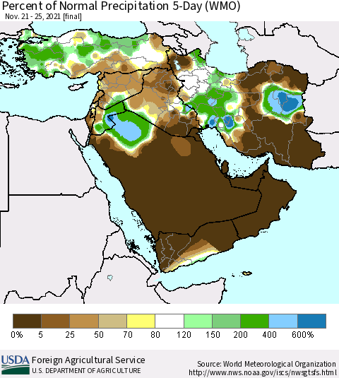 Middle East and Turkey Percent of Normal Precipitation 5-Day (WMO) Thematic Map For 11/21/2021 - 11/25/2021