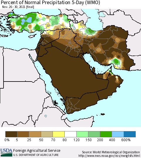 Middle East and Turkey Percent of Normal Precipitation 5-Day (WMO) Thematic Map For 11/26/2021 - 11/30/2021