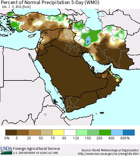Middle East and Turkey Percent of Normal Precipitation 5-Day (WMO) Thematic Map For 12/1/2021 - 12/5/2021