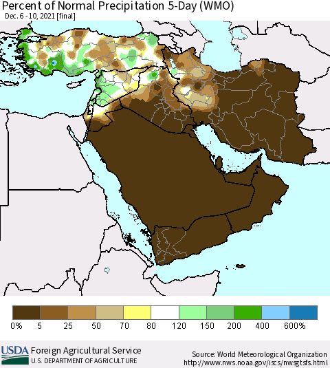 Middle East and Turkey Percent of Normal Precipitation 5-Day (WMO) Thematic Map For 12/6/2021 - 12/10/2021