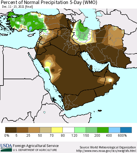 Middle East and Turkey Percent of Normal Precipitation 5-Day (WMO) Thematic Map For 12/11/2021 - 12/15/2021